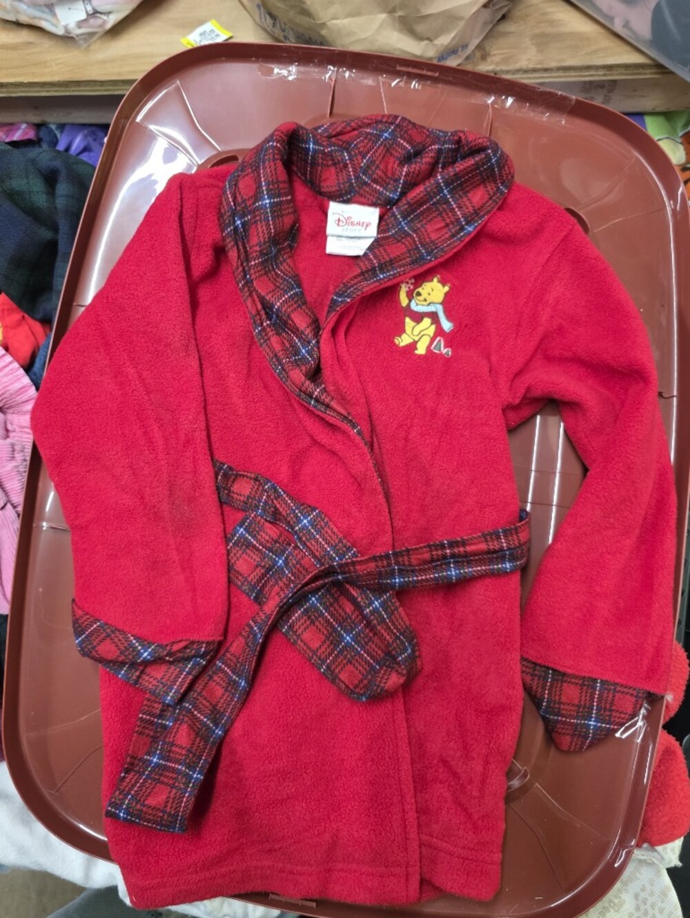 Disney Red Winnie the Pooh Kids Robe with Plaid Trim